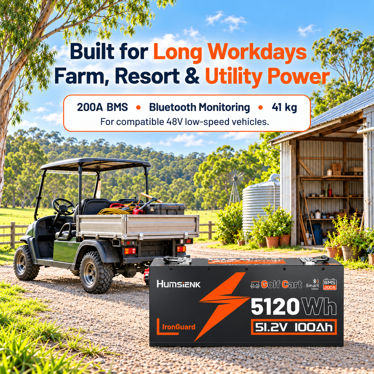 Humsienk 48V (51.2V) 100Ah LiFePO₄ Battery Kit for Golf Carts & 48V Ride-On Mowers – 200A BMS & Bluetooth