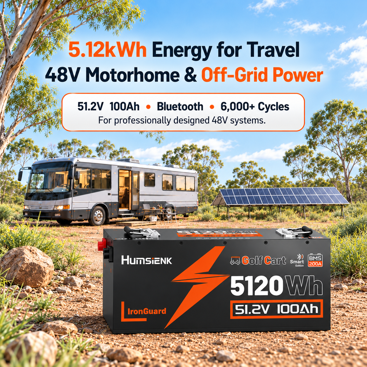 Humsienk 48V (51.2V) 100Ah LiFePO₄ Battery Kit for Golf Carts & 48V Ride-On Mowers – 200A BMS & Bluetooth