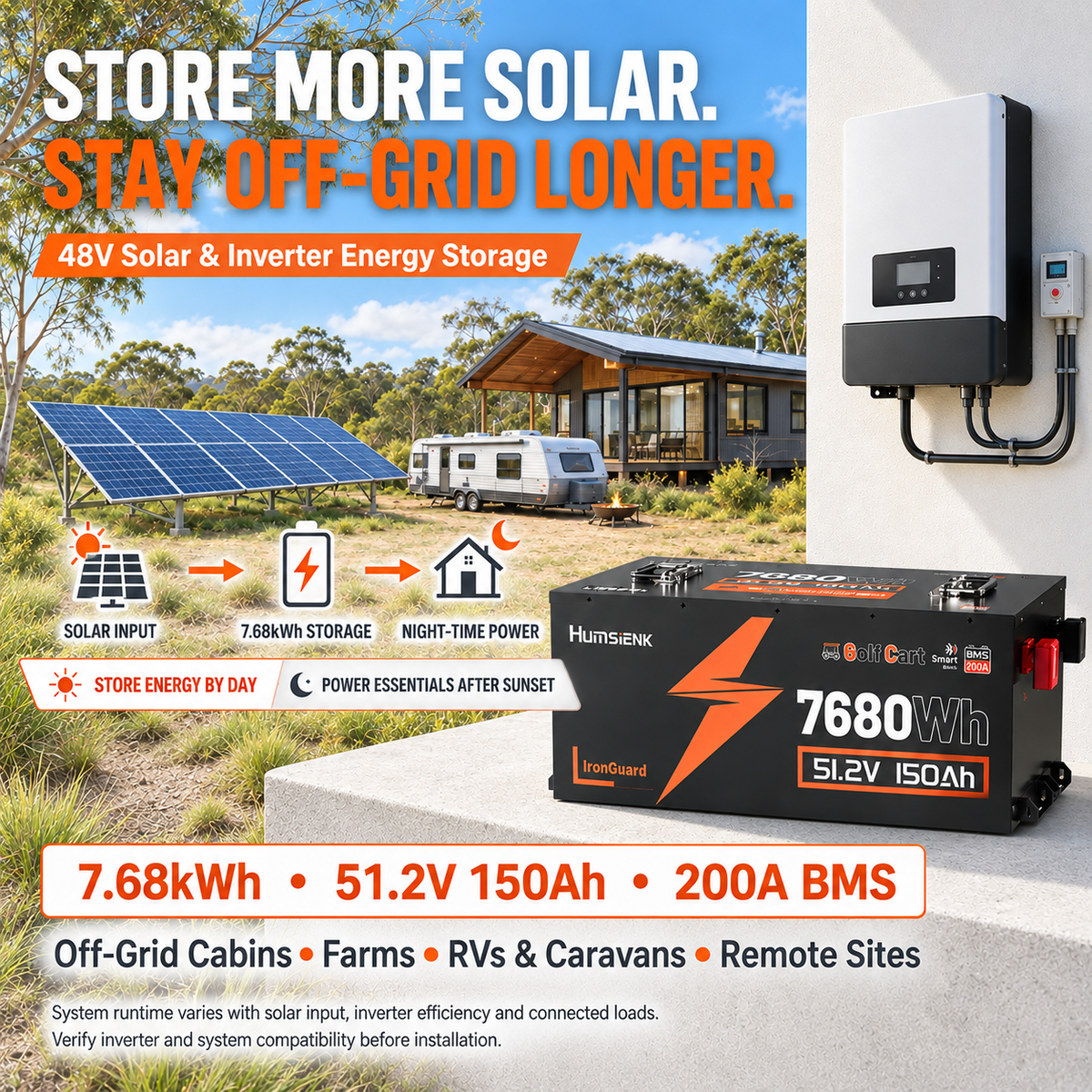 Humsienk 48V (51.2V) 100Ah–150Ah Golf Cart LiFePO₄ Battery Kit – 5.12–7.68kWh, Bluetooth & 200A BMS