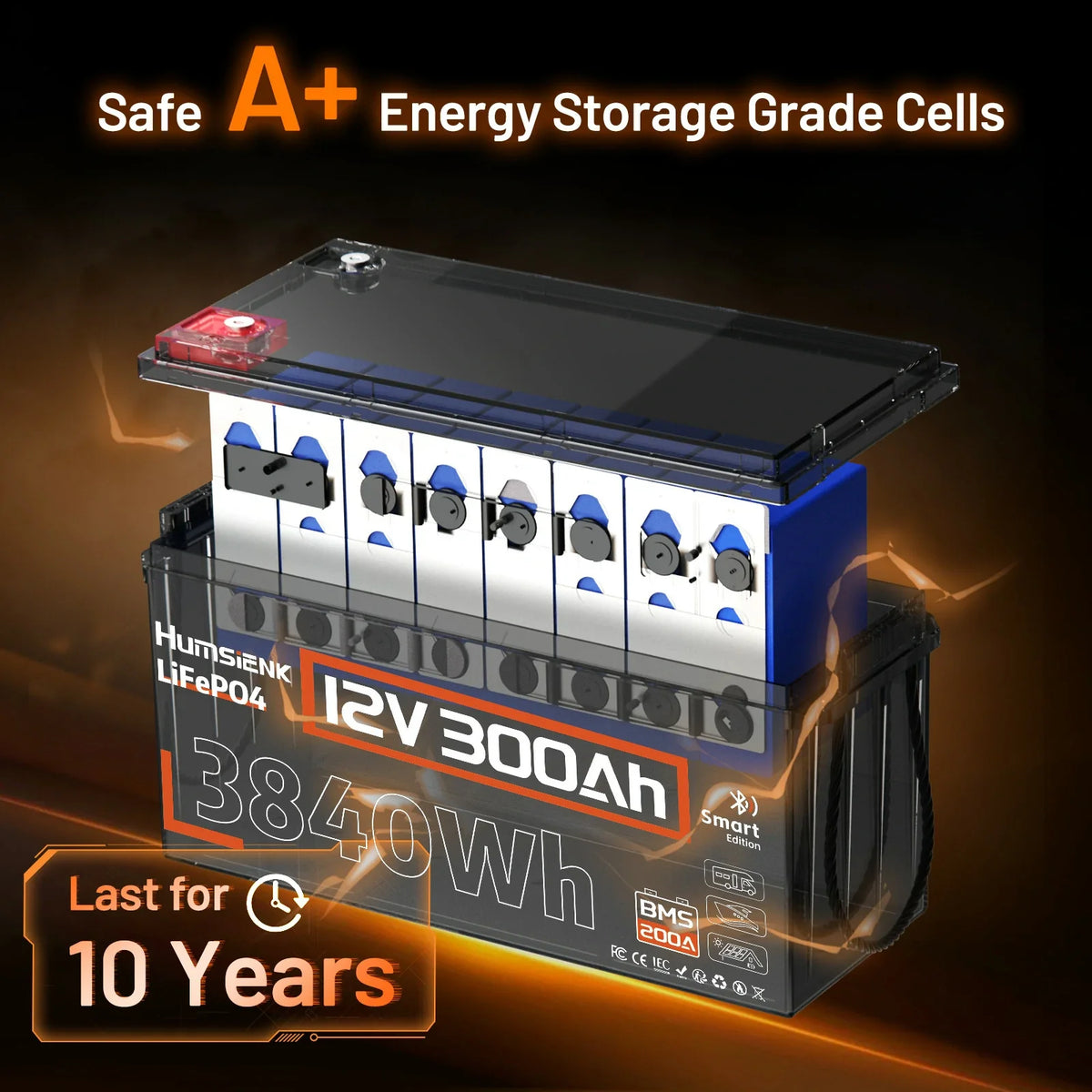 Humsienk 12V 300Ah Bluetooth LiFePO4 Battery with 200A BMS