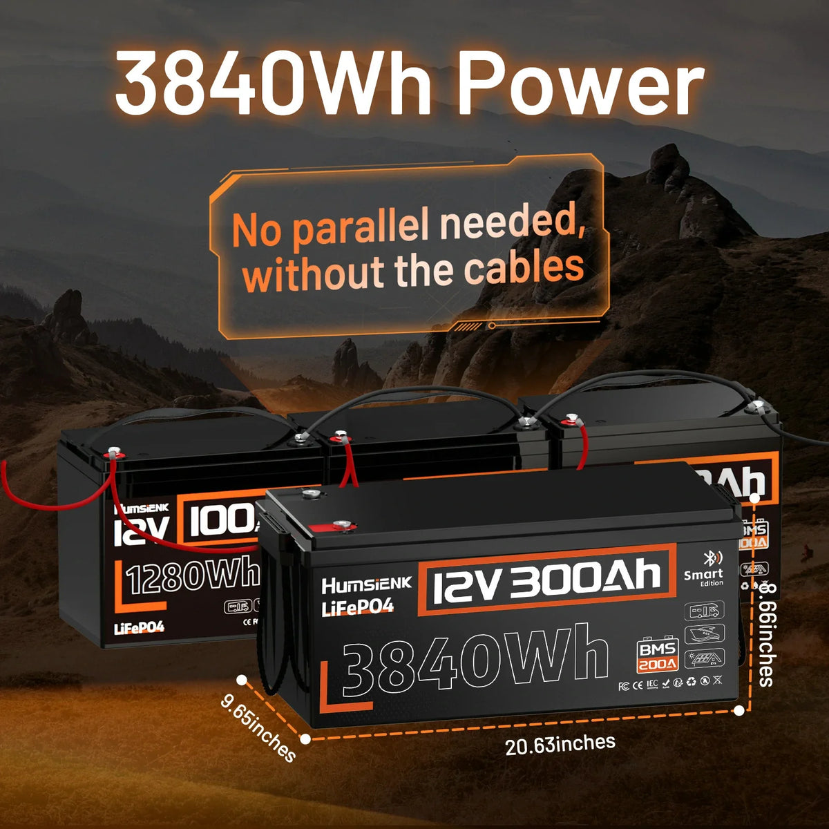 Humsienk 12V 300Ah Bluetooth LiFePO4 Battery with 200A BMS