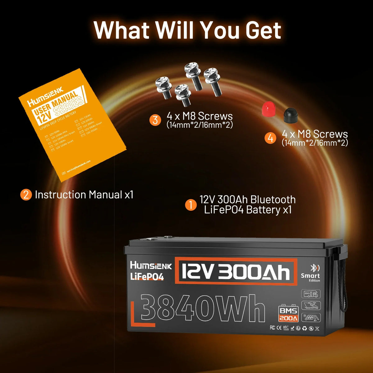 Humsienk 12V 300Ah Bluetooth LiFePO4 Battery with 200A BMS