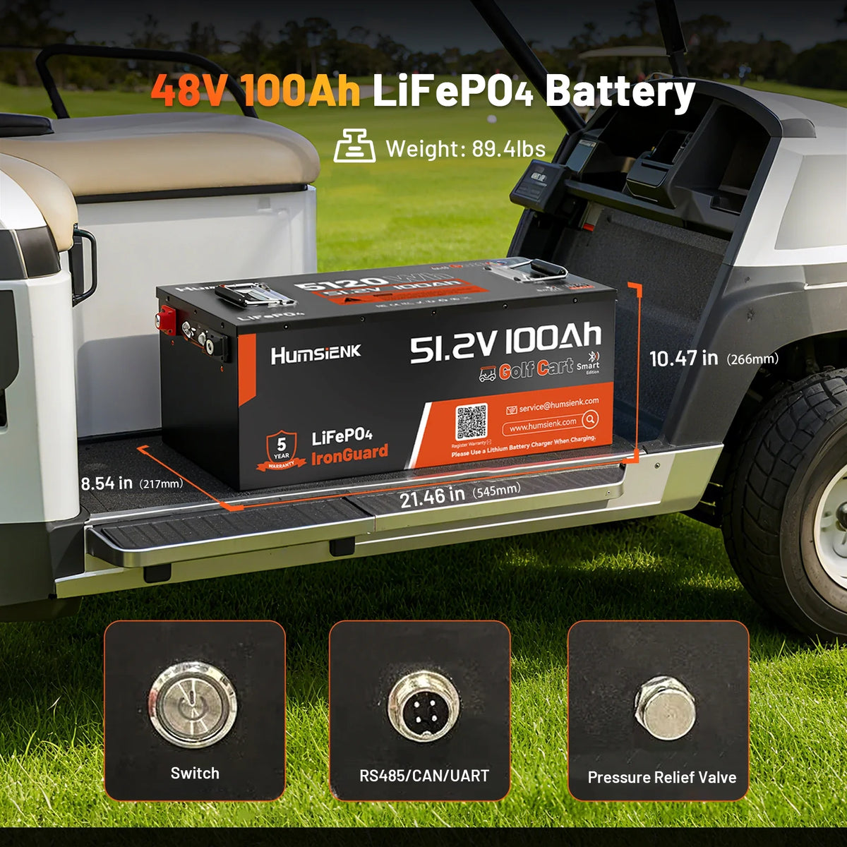 Humsienk 48V (51.2V) 100Ah LiFePO₄ Battery Kit for Golf Carts & 48V Ride-On Mowers – 200A BMS & Bluetooth