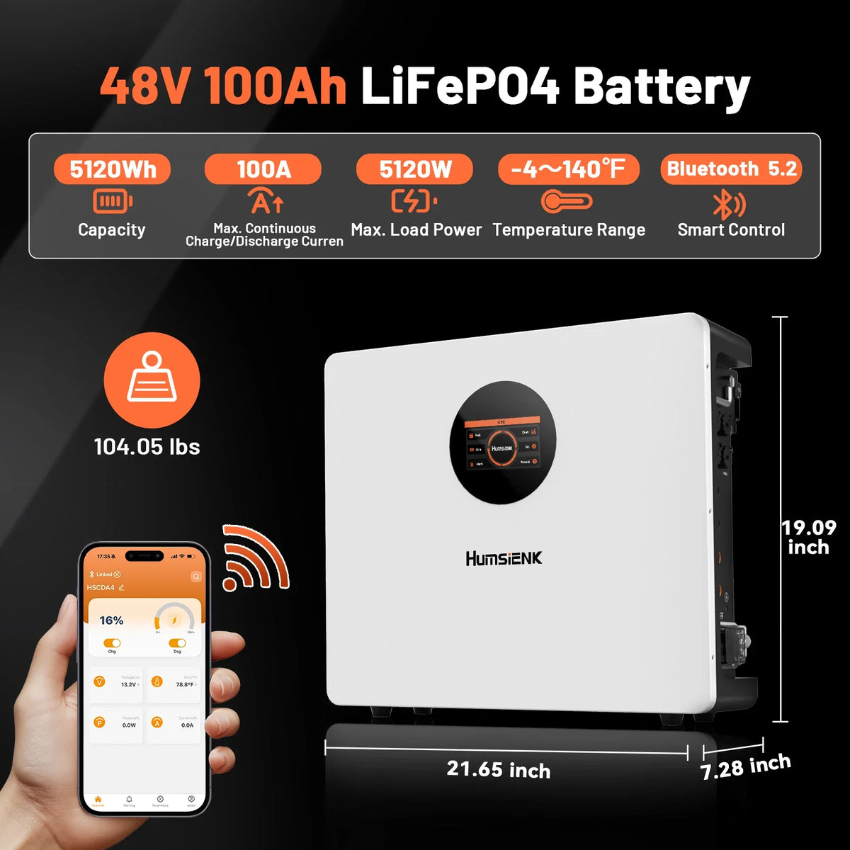 Humsienk -Humsienk 48V (51.2V) 100Ah 5.12kWh Wall-Mount Bluetooth LiFePO4 Battery with 100A BMS & 3A Active Balancing