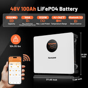 Humsienk -Humsienk 48V (51.2V) 100Ah 5.12kWh Wall-Mount Bluetooth LiFePO4 Battery with 100A BMS & 3A Active Balancing