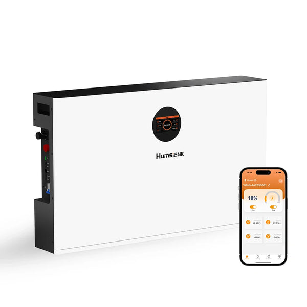 White power station with Humsenk branding and a smartphone displaying app interface on a white background